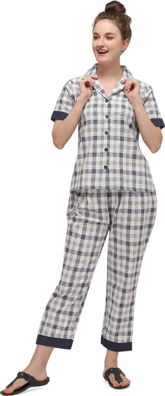 Women Top & Pyjama Set White, Blue Checkered