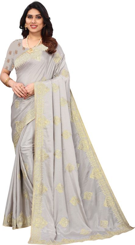 Embroidered Bollywood Pure Silk Saree  (Grey)