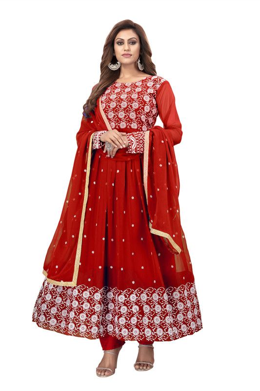 Embroidered Georgette Stitched Anarkali Gown  (Red)