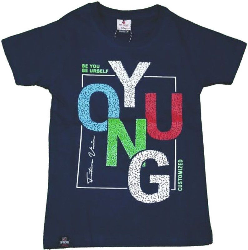 Boys Typography Organic Cotton T Shirt  (Blue, Pack of 1)