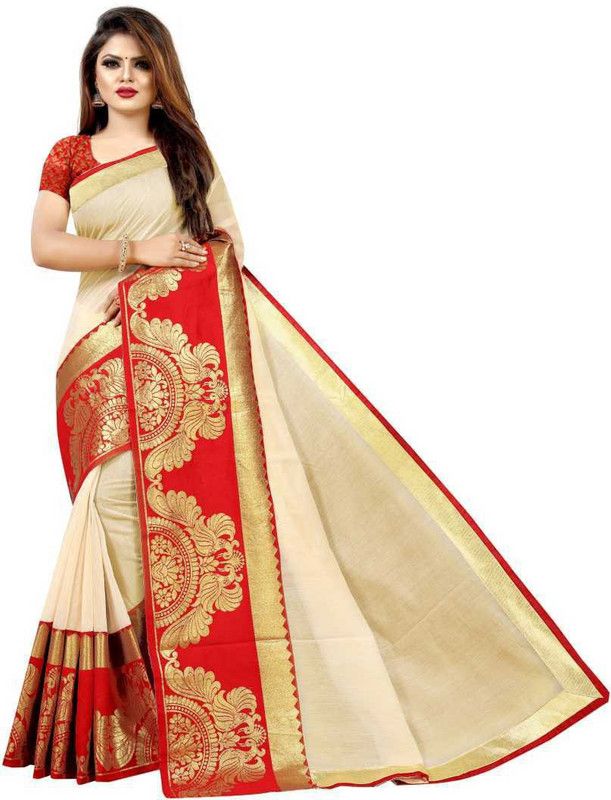 Printed, Paisley, Woven Chanderi Cotton Silk Saree  (Cream)