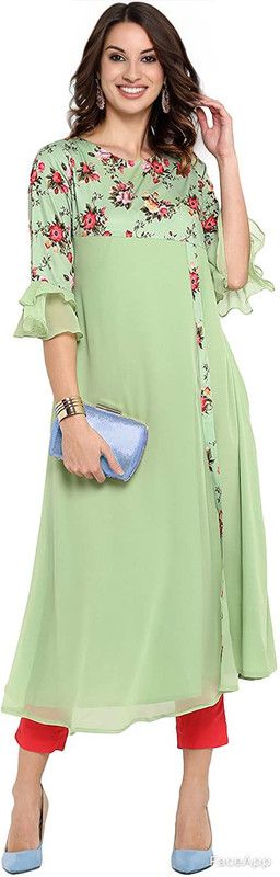 Women Floral Print Crepe A-line Kurta  (Light Green)