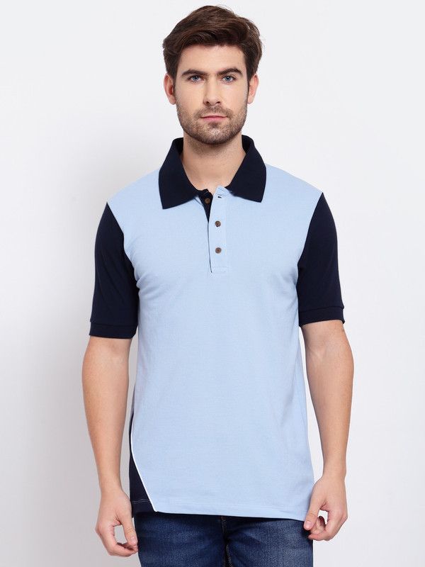 Men Colorblock Polo Neck Cotton Blend Light Blue T-Shirt