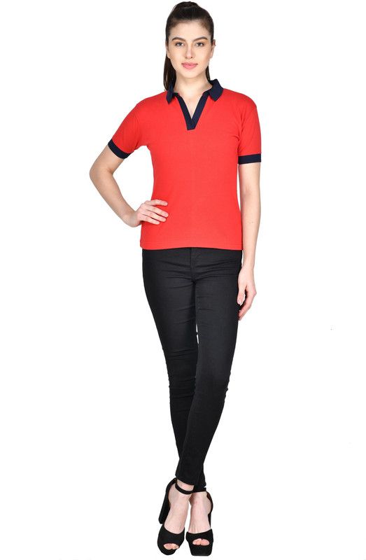 Women Solid Polo Neck Poly Cotton Red, Blue T-Shirt
