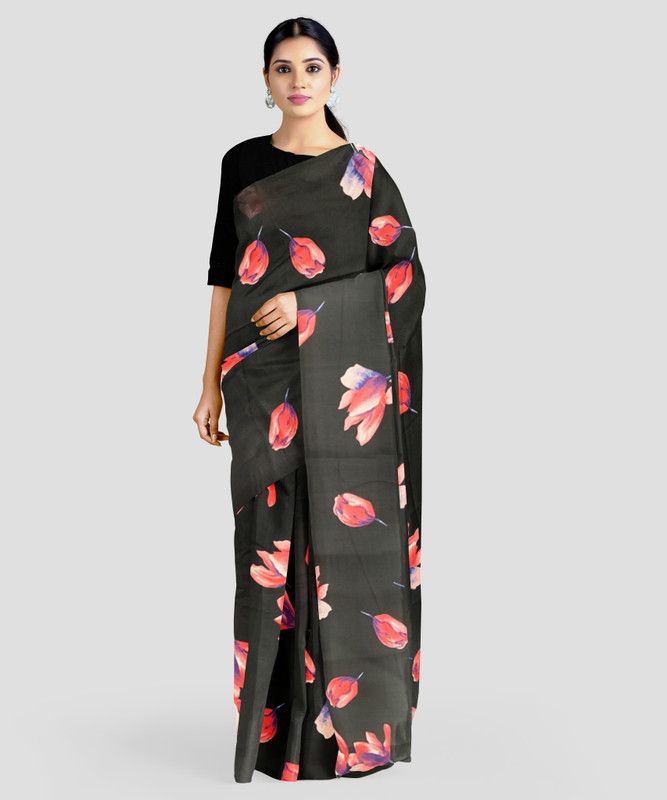 Floral Print Bollywood Georgette Saree  (Black, Pink)