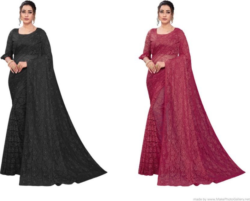 Self Design Bollywood Net Saree  (Pack of 2, Black, Maroon)