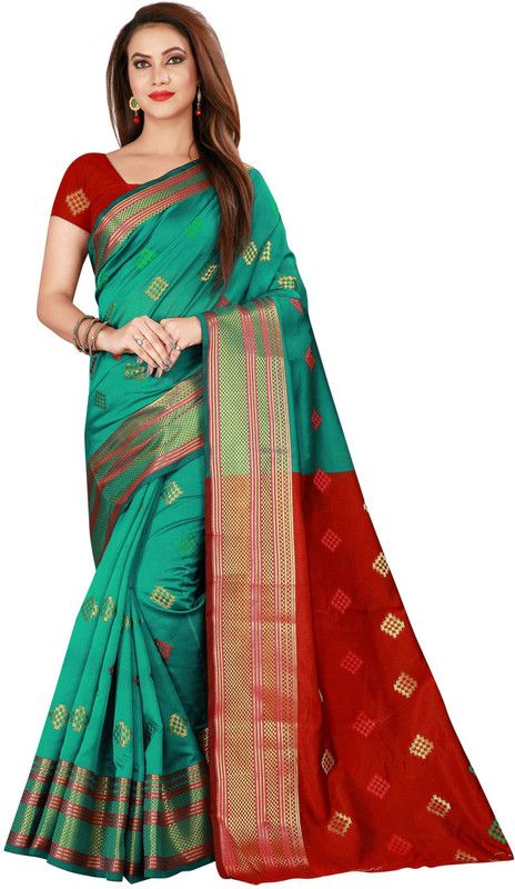 Embroidered Handloom Silk Blend Saree  (Green)