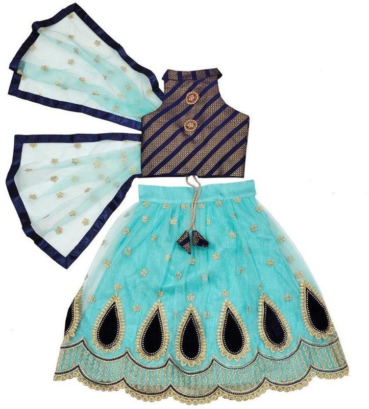 Indi Baby Girls Lehenga Choli Party Wear Embroidered Lehenga, Choli and Dupatta Set  (Blue, Pack of 1)
