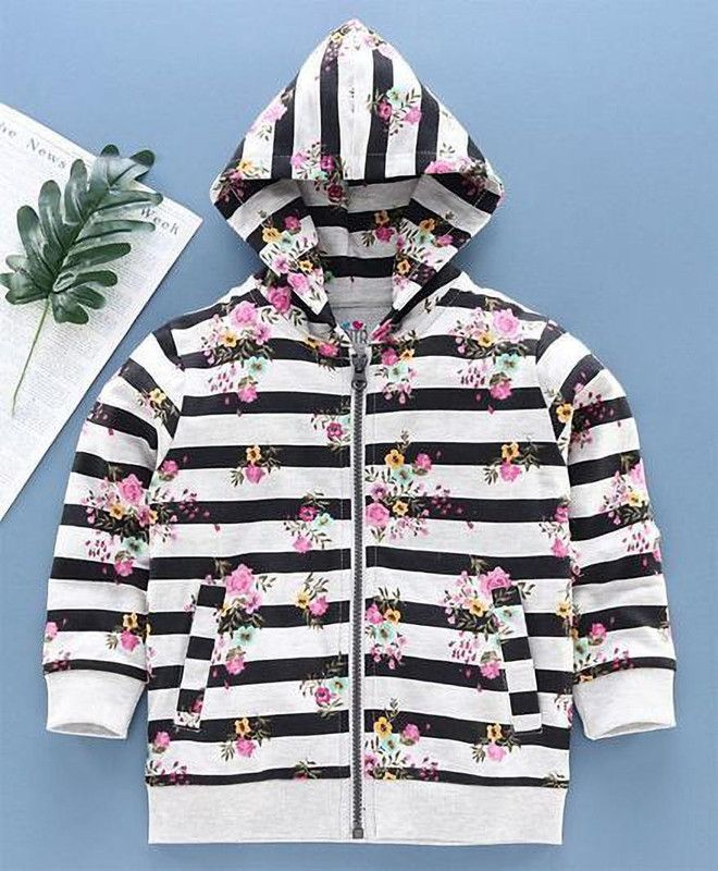 Girls Full Sleeve Graphic Print, Striped Hooded Sweatshirt