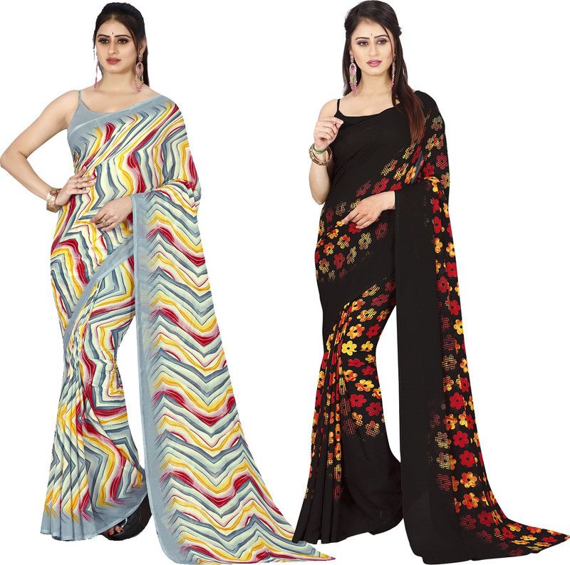 Printed Daily Wear Georgette Saree  (Pack of 2, Black, Red, Grey)