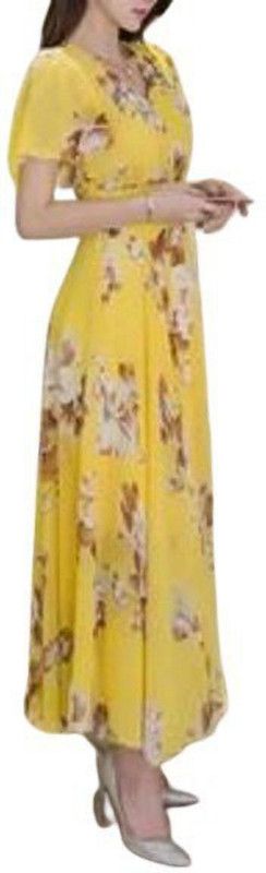 Printed Georgette Stitched Flared/A-line Gown  (Yellow)