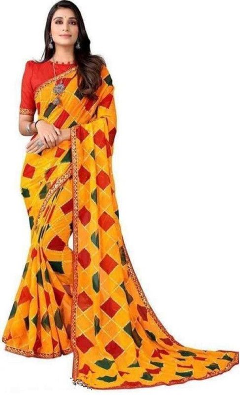Applique Bandhani Georgette Saree  (Gold)