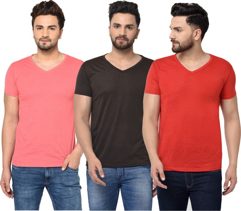 Pack of 3 V neck Combo T-shirts Multicolor Men Solid V Neck Cotton Blend Brown, Pink T-Shirt