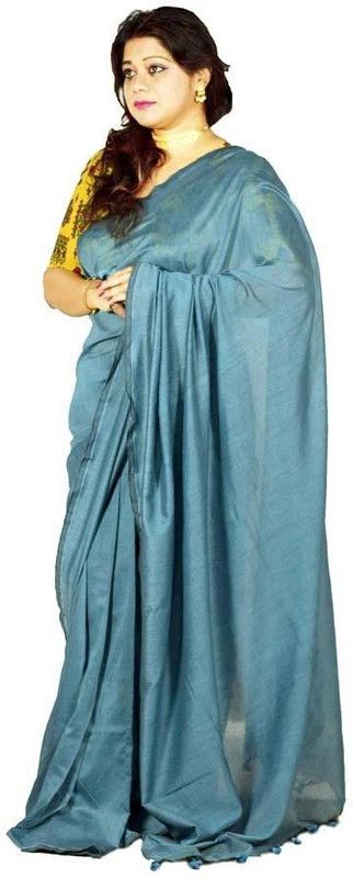 Striped Tant Pure Cotton Saree  (Blue)