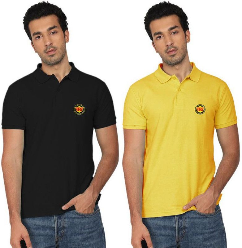 Pack of 2 Men Printed Polo Neck Poly Cotton Black, Yellow T-Shirt