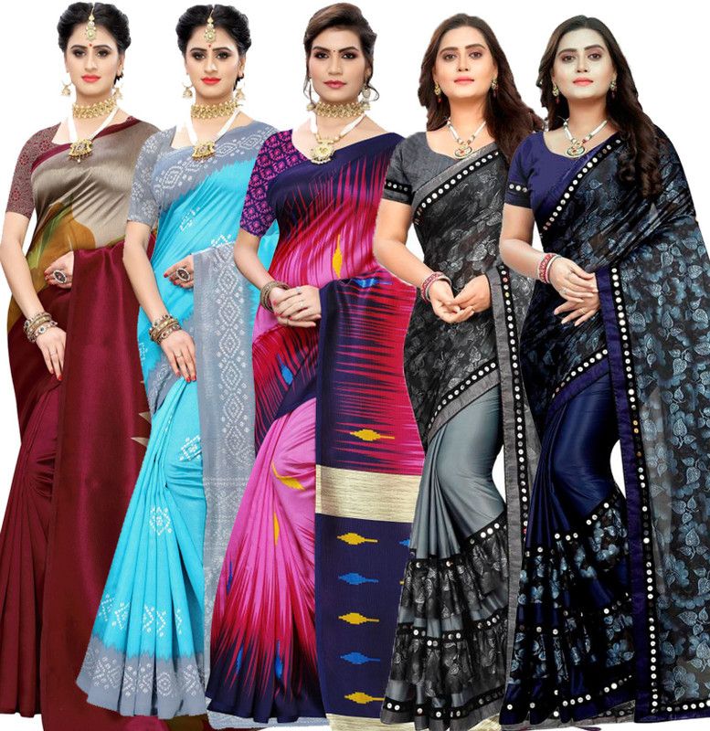 Printed Bollywood Lycra Blend, Art Silk Saree  (Pack of 5, Dark Blue, Light Blue, Pink, Grey)