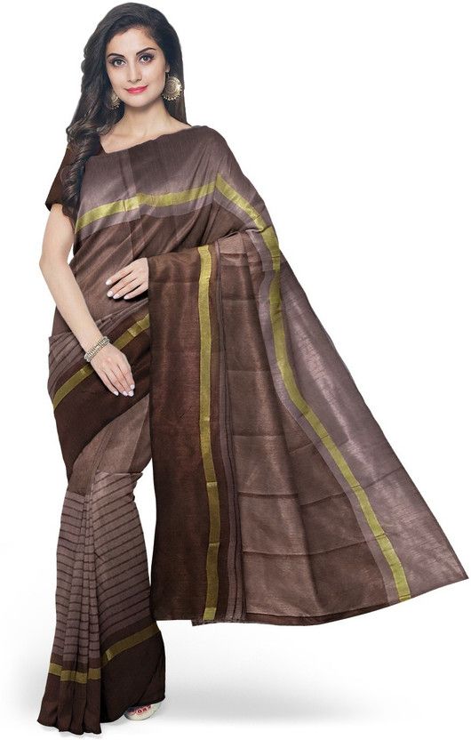 Striped, Checkered Daily Wear Cotton Silk Saree  (Pack of 2, Brown)