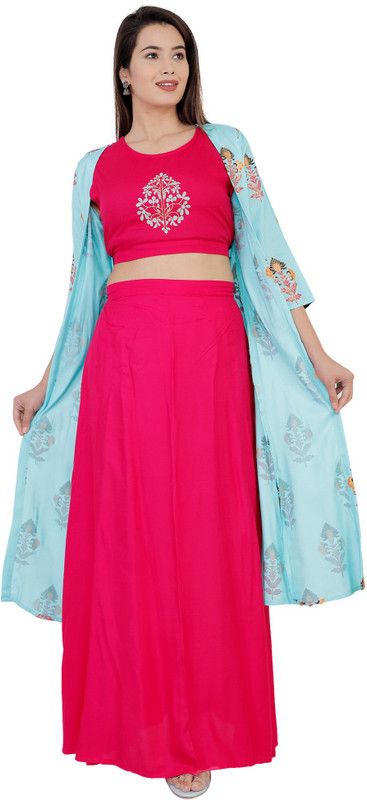 Women Ethnic Jacket, Top and Skirt Set Cotton Rayon
