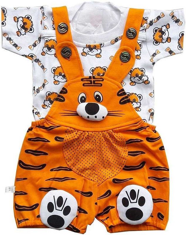 Dungaree For Boys & Girls Printed Hosiery  (Orange, Pack of 1)