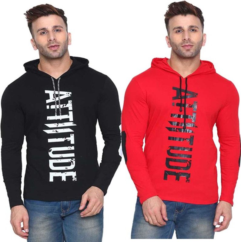 Pack of 2 Men Printed Hooded Neck Cotton Blend White, Black T-Shirt