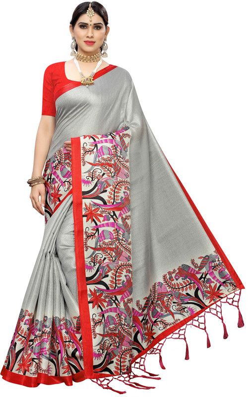 Kalamkari Art Silk Saree  (Red, Grey)