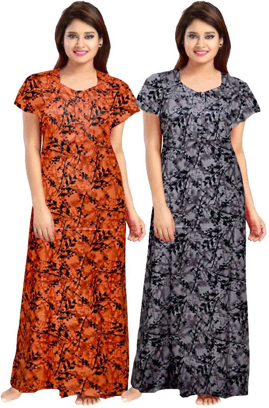 Women Night Dress  (Orange, Grey)