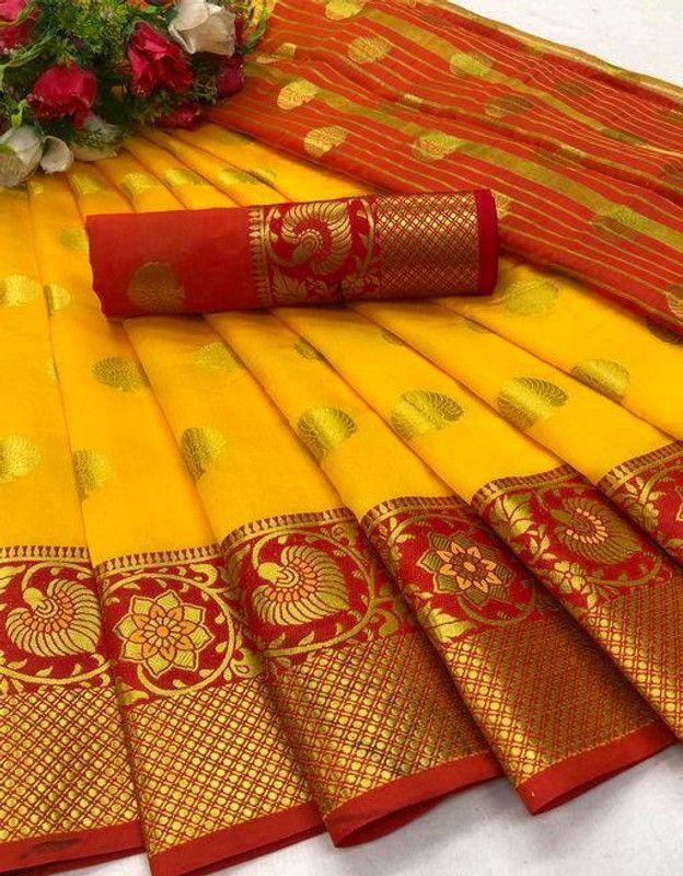 Woven Kanjivaram Jacquard, Pure Silk Saree  (Yellow, Red)