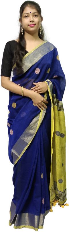 Woven Handloom Pure Cotton Saree  (Blue, Yellow)