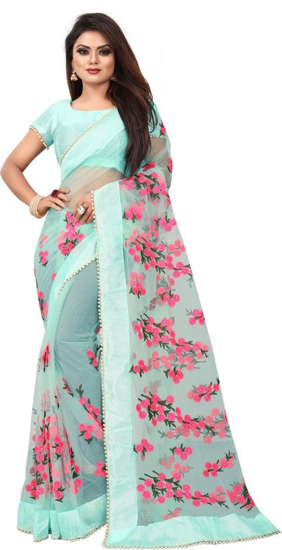 Self Design, Embroidered Bollywood Net Saree  (Blue)