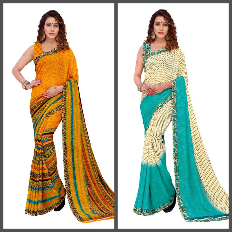 Paisley Daily Wear Georgette Saree  (Pack of 2, Yellow, Beige, Light Blue)