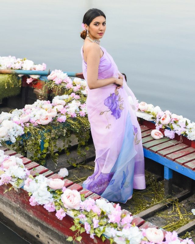 Digital Print Bollywood Organza Saree  (Purple)
