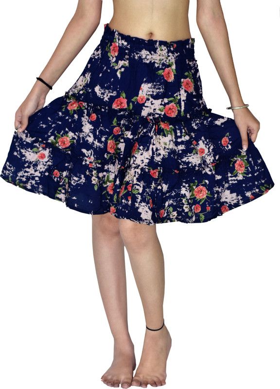 Women Floral Print A-line Dark Blue Skirt