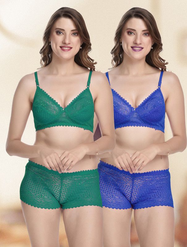 Bra & Panty Set Self Design Green, Blue Lingerie Set