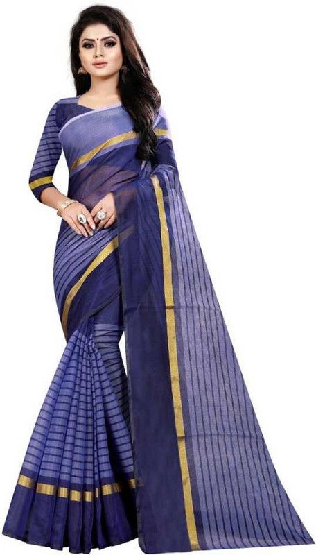 Printed Tant Cotton Blend Saree  (Blue)