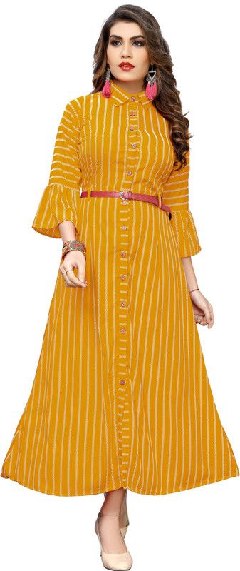 Women Striped Crepe Flared Kurta  (Yellow)
