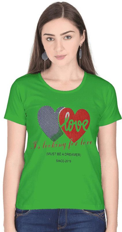 Women Typography Round Neck Cotton Blend Green, Maroon T-Shirt