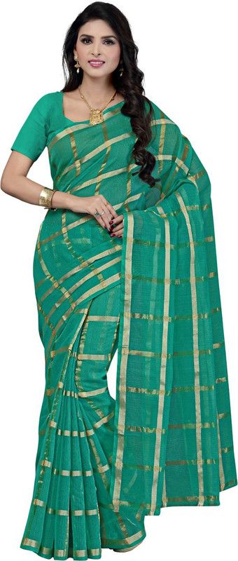 Woven, Checkered Kota Doria Cotton Blend Saree  (Green)