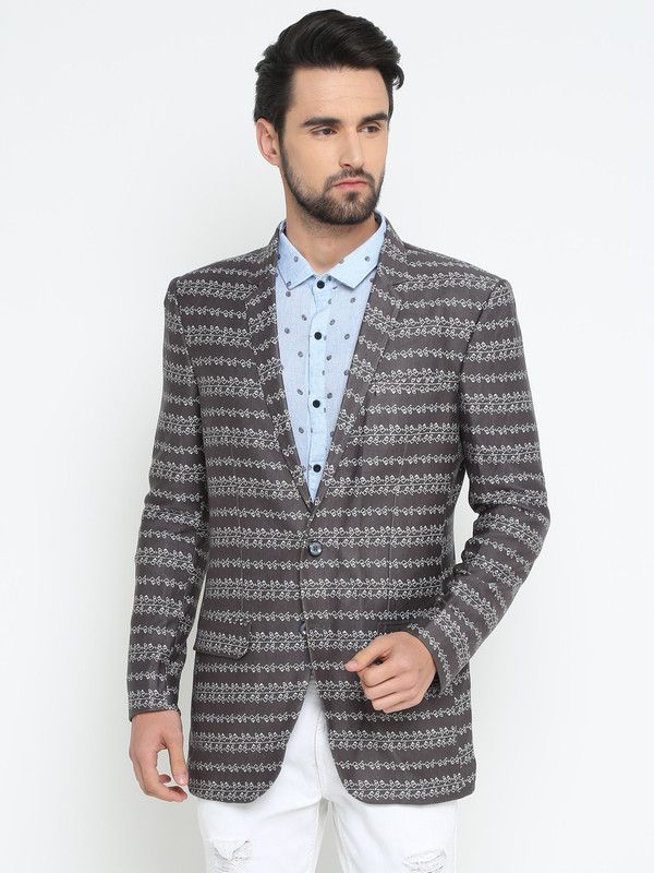 Men Graphic Print Single Breasted Casual Blazer  (Grey)