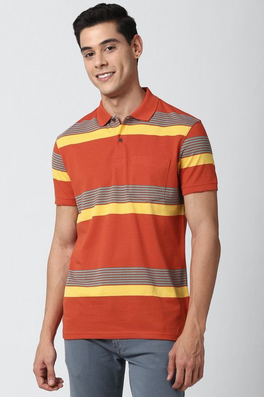 Men Colorblock Polo Neck Poly Cotton Orange T-Shirt