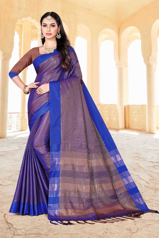 Woven Paithani Cotton Silk Saree  (Dark Blue)