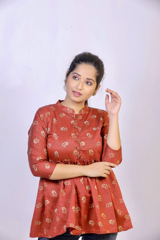 Casual Extended Sleeves Floral Print Women Red Top