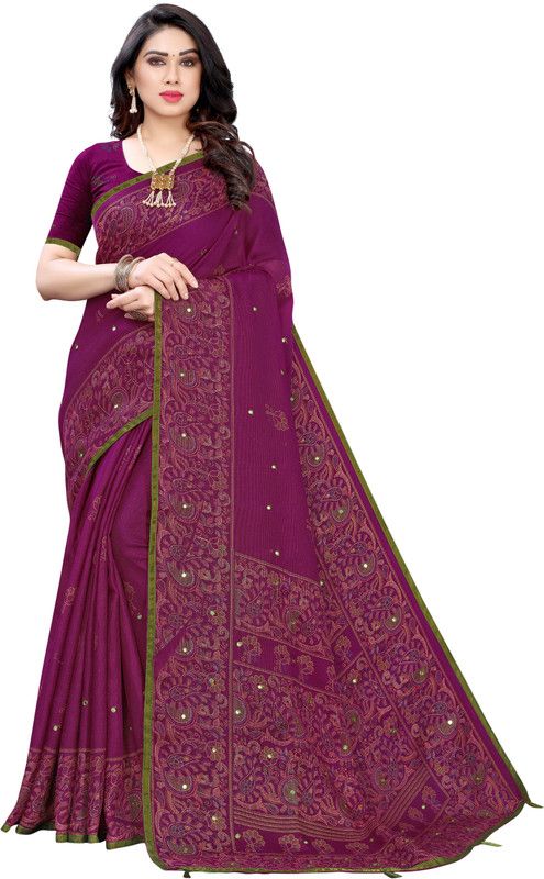 Embellished Bollywood Linen Saree  (Purple)