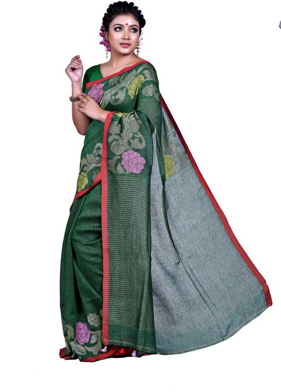 Printed Handloom Linen Saree  (Green)