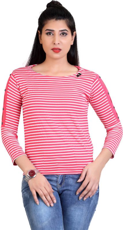 Casual Striped Women White, Pink Top