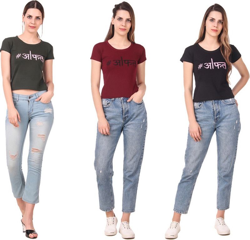 Pack of 3 Women Typography Round Neck Cotton Blend Green, Maroon, Black T-Shirt