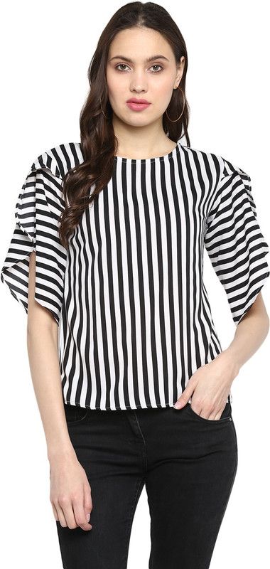 Casual Striped Women White, Black Top