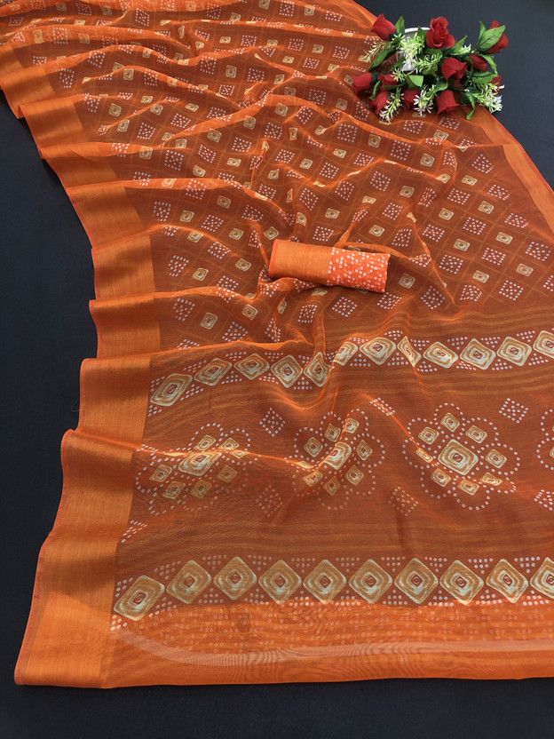 Woven Bandhani Cotton Blend, Cotton Linen Saree  (Orange)