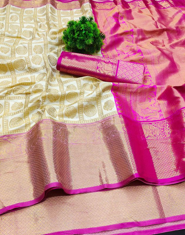 Patola Silk Blend Saree  (Beige, Pink)
