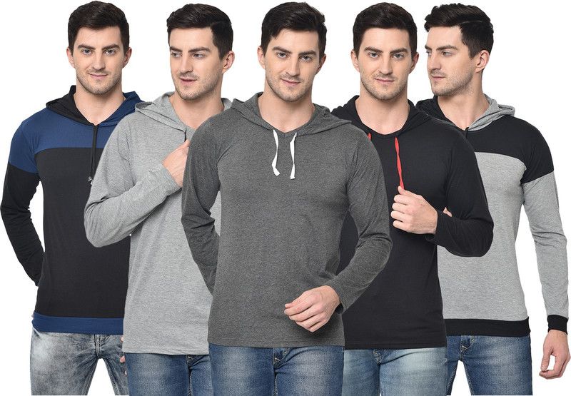 Pack of 5 Men Colorblock Hooded Neck Cotton Blend Multicolor T-Shirt