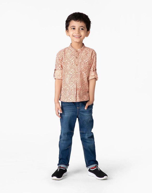 Boys Printed Pure Cotton Straight Kurta  (Red, Beige)